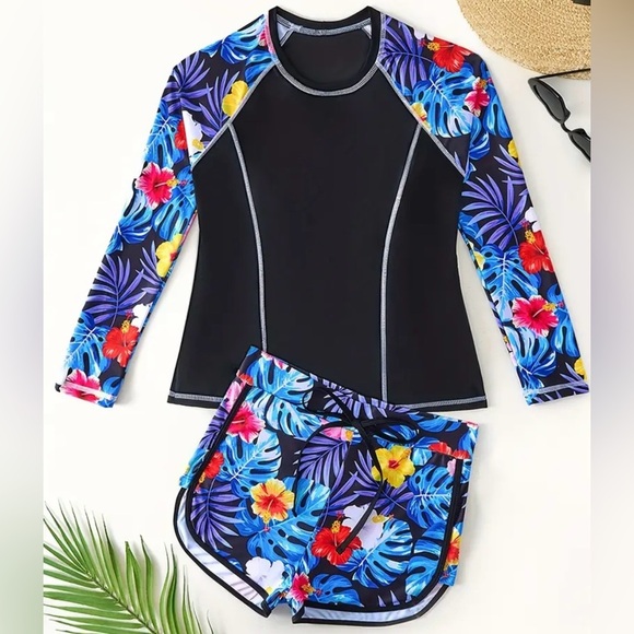 2pc Floral Tropical Print Long Sleeve Rash Guard Short Swim Set - Picture 3 of 8